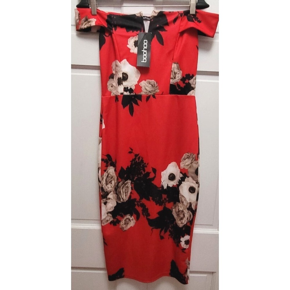 Boohoo Women's Off the Shoulder Red Floral Polyester Pencil Dress - US Size 6